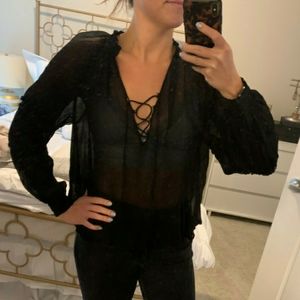 Free People Black Lace Up Sheer Blouse